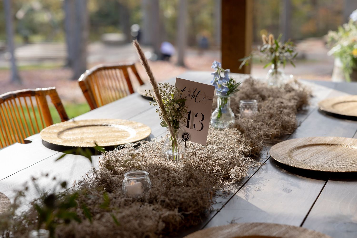 A rustic outdoor table setting with gold chargers and delicate greenery centerpieces for an elegant garden party.