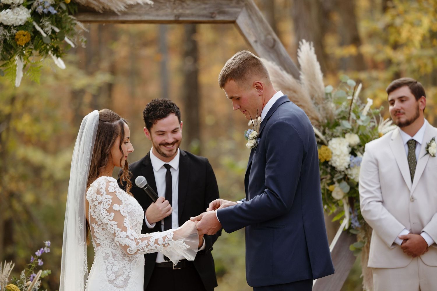 A series of wedding ceremony moments showing couples exchanging vows and rings in an outdoor autumn setting.