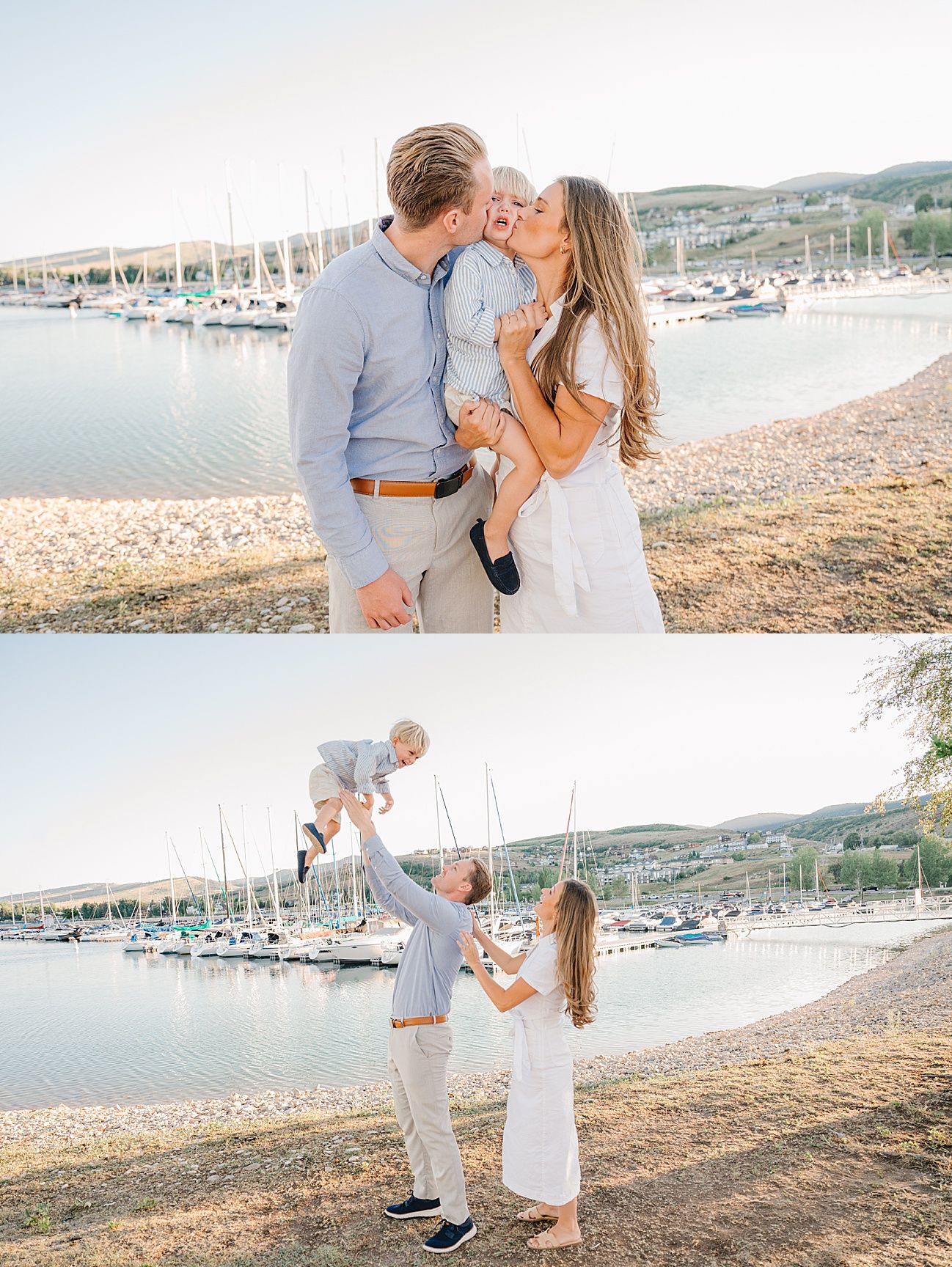 Romantic beach photoshoot with marina and boats in the background at sunset.