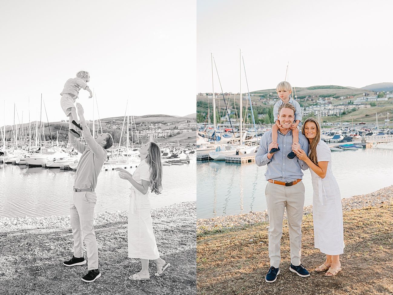A couple poses together near a marina with boats and water in the background on a sunny day.