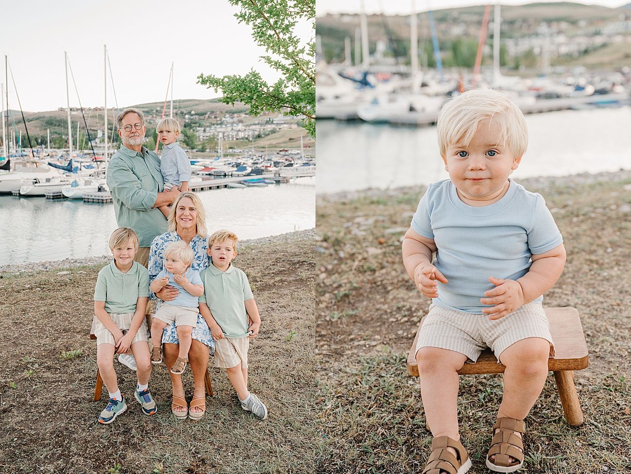 Family photo session at a marina with boats and beach in the background during golden hour.