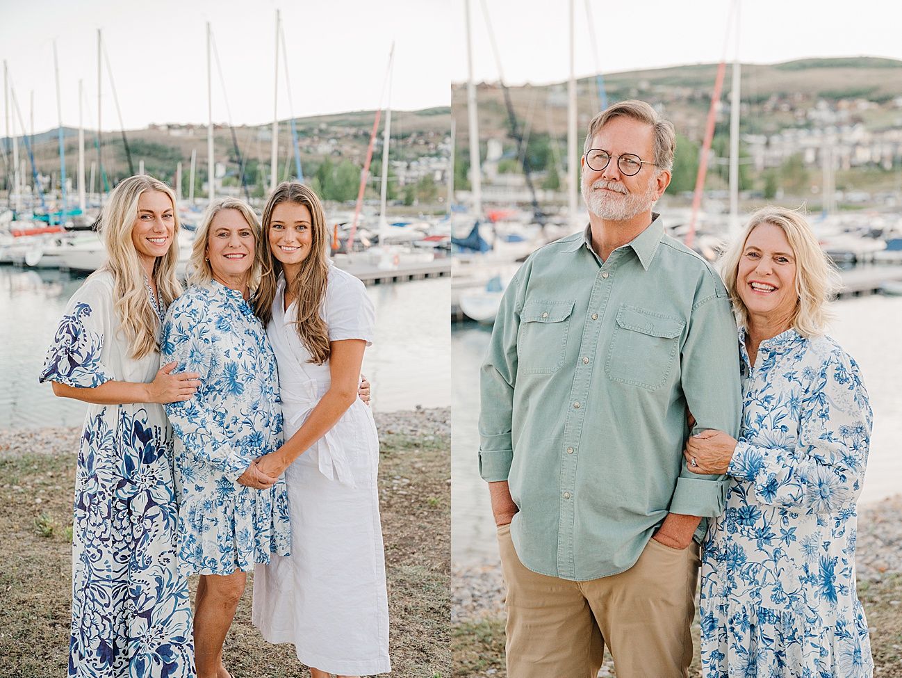A group poses for a family portrait at a marina with sailboats and mountains in the background.