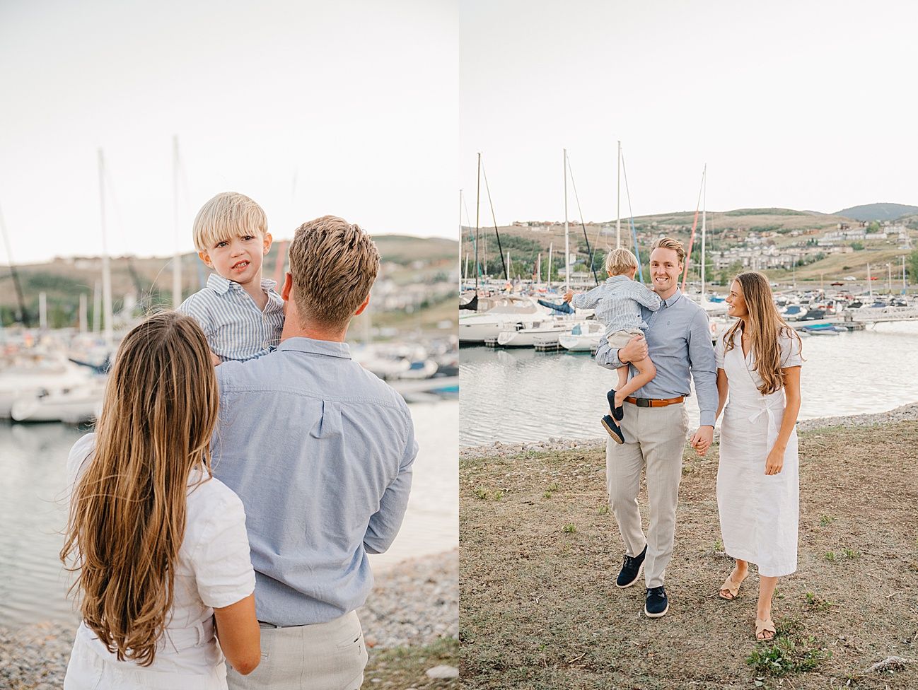 A family enjoying a casual photoshoot by the marina with sailboats in the background.