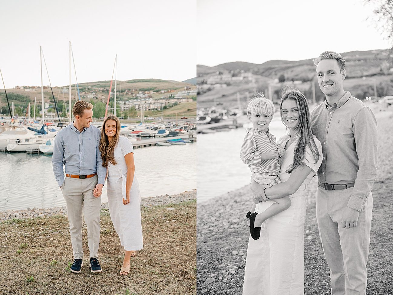 Black and white and color photos of a family walking and posing together near a waterfront setting.