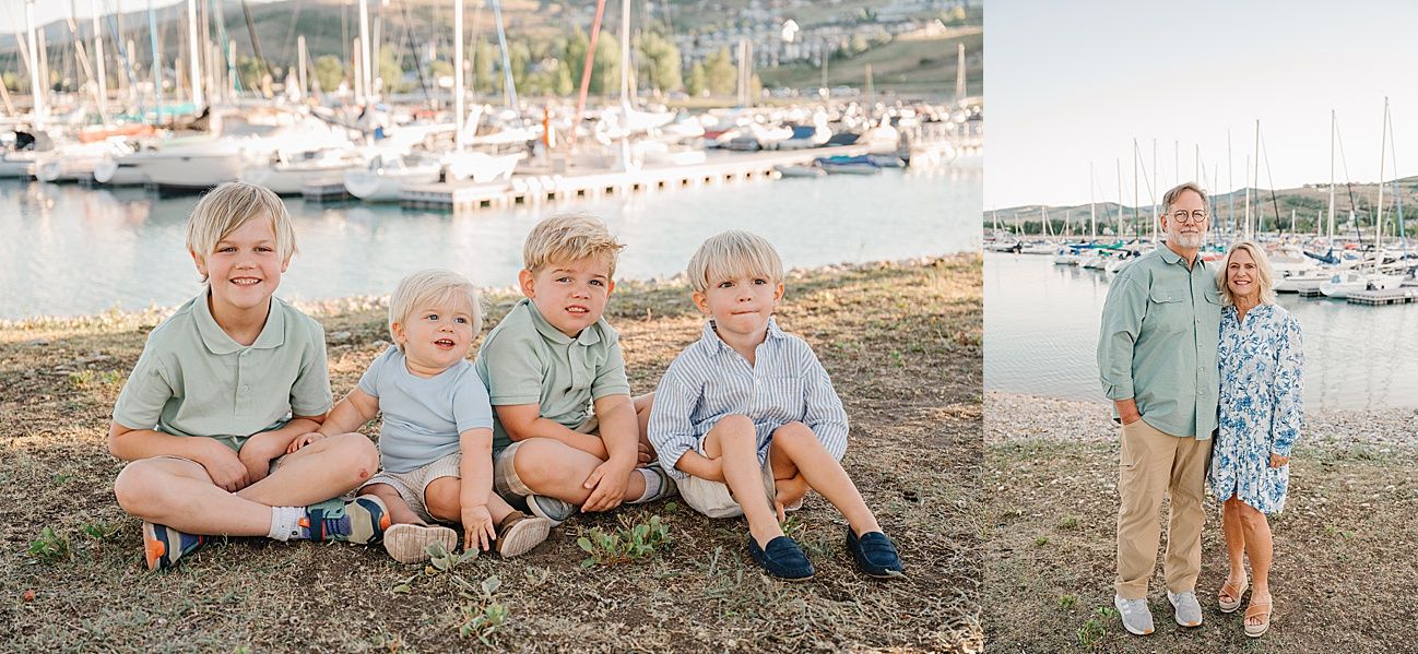 A series of casual outdoor family photos taken at a marina with boats and water in the background.