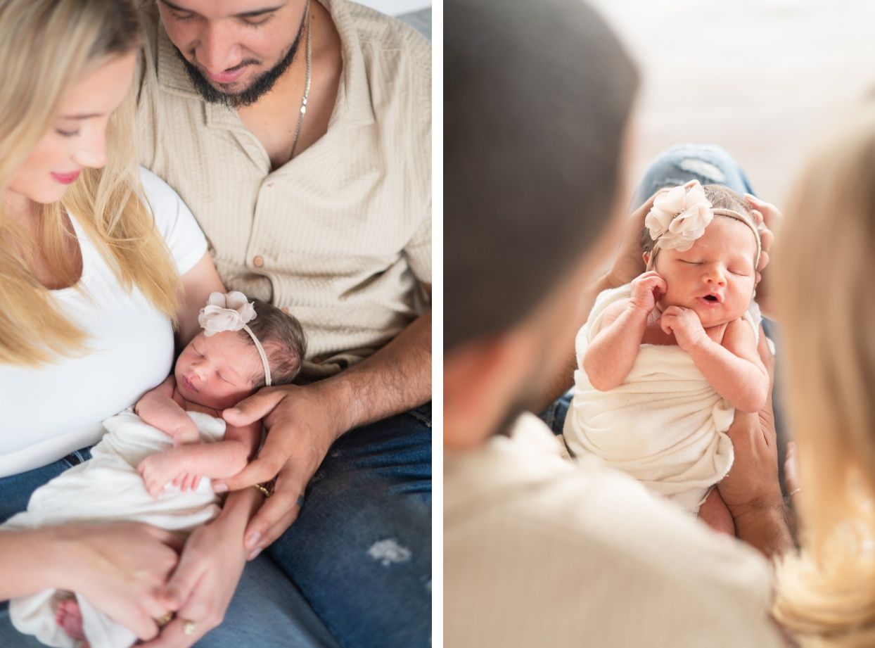 Newborn baby girl portrait session at Natural Light Studio with parents and grandparents by Bartlesville Newborn Photographer Kristi Bray
