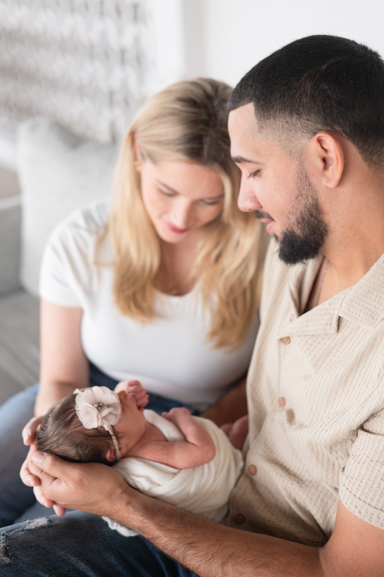 Newborn baby girl portrait session at Natural Light Studio with parents and grandparents by Bartlesville Newborn Photographer Kristi Bray