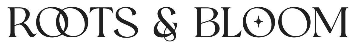 Black text logo design for Roots & Bloom with stylized ampersand and circular overlapping O's.