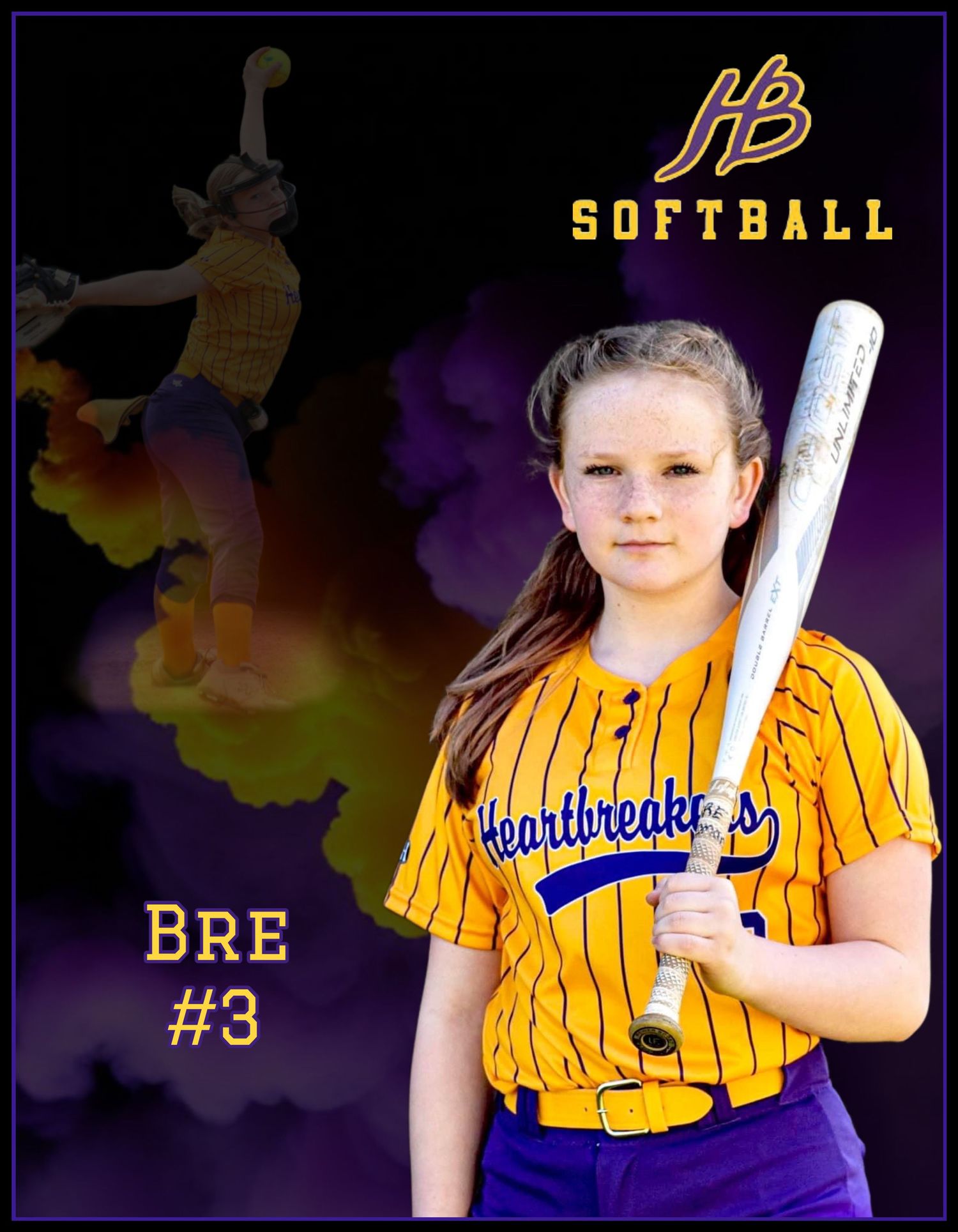 Softball player in yellow striped uniform holds bat against colorful background in sports photo collage.