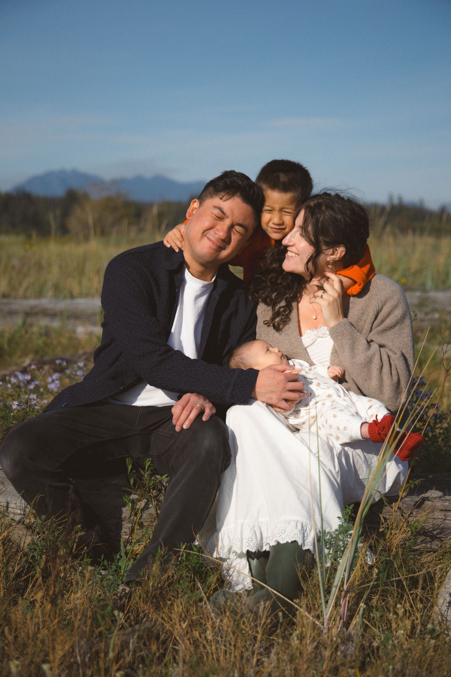 family of four with newborn and toddler posing outdoors for a family photo sitting down on a log in a field by the beach