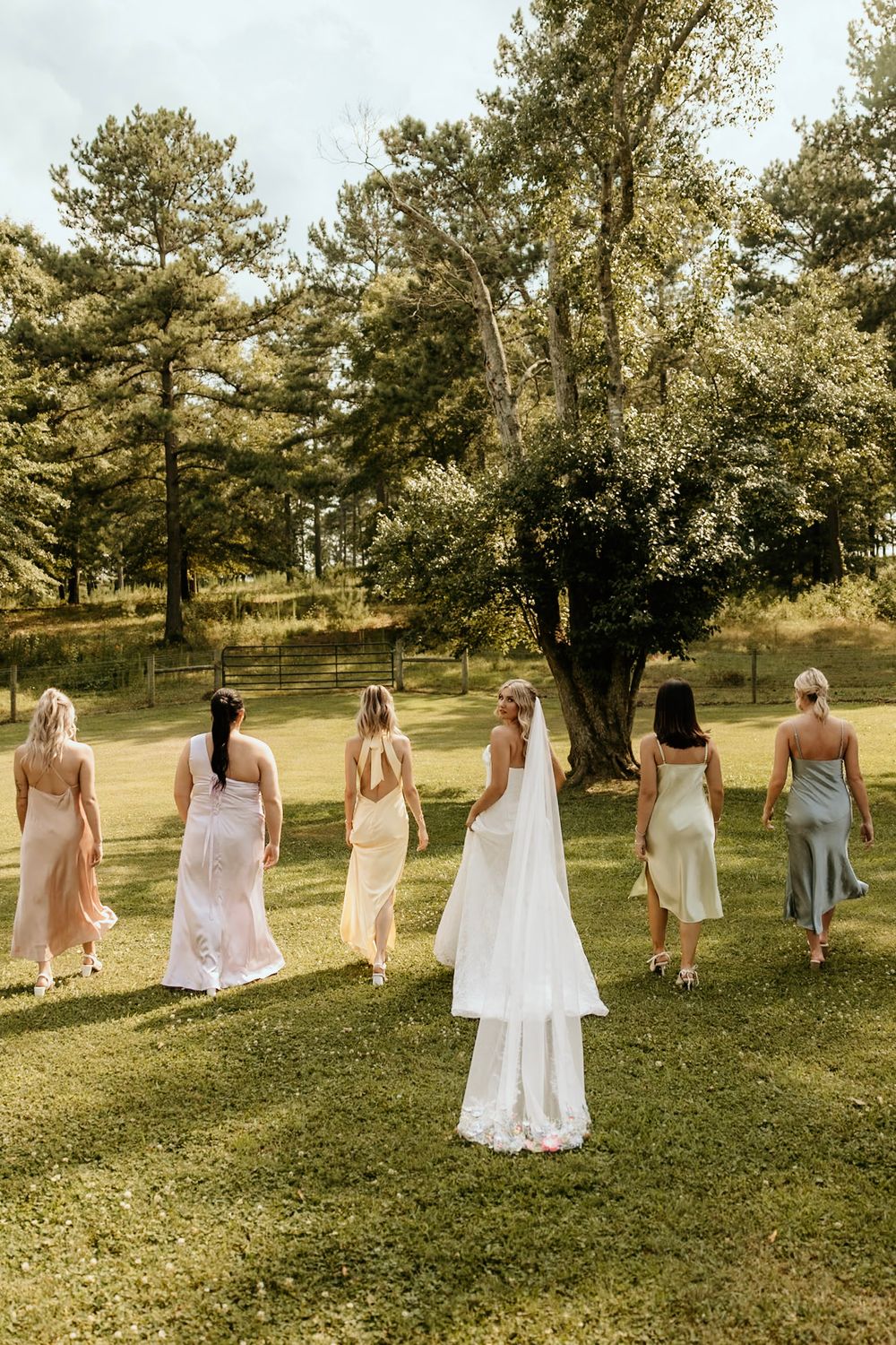 A group in pastel dresses walk through a sunlit garden with tall pine trees on a warm summer day.