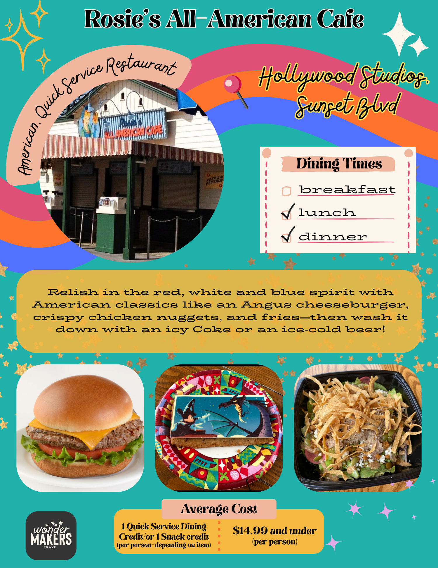 Retro-styled advertisement for Rosie's All American Cafe featuring burgers and classic diner food.