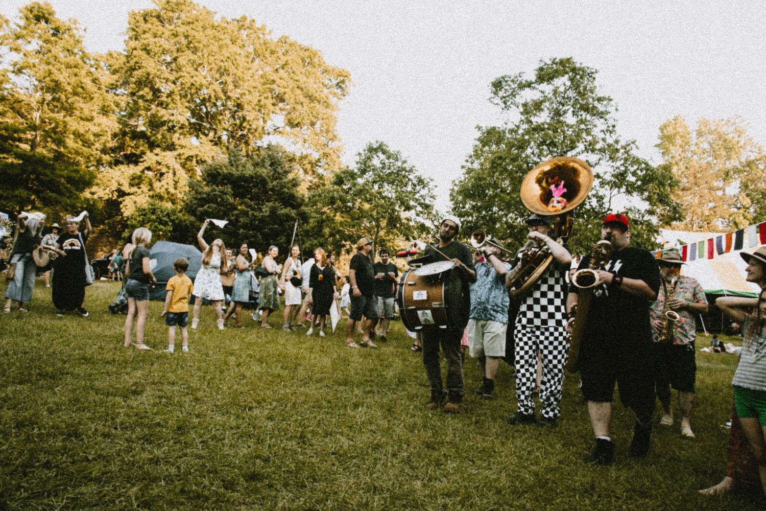 Festive outdoor crowd gathering with brass band musicians performing in a sunny park.
