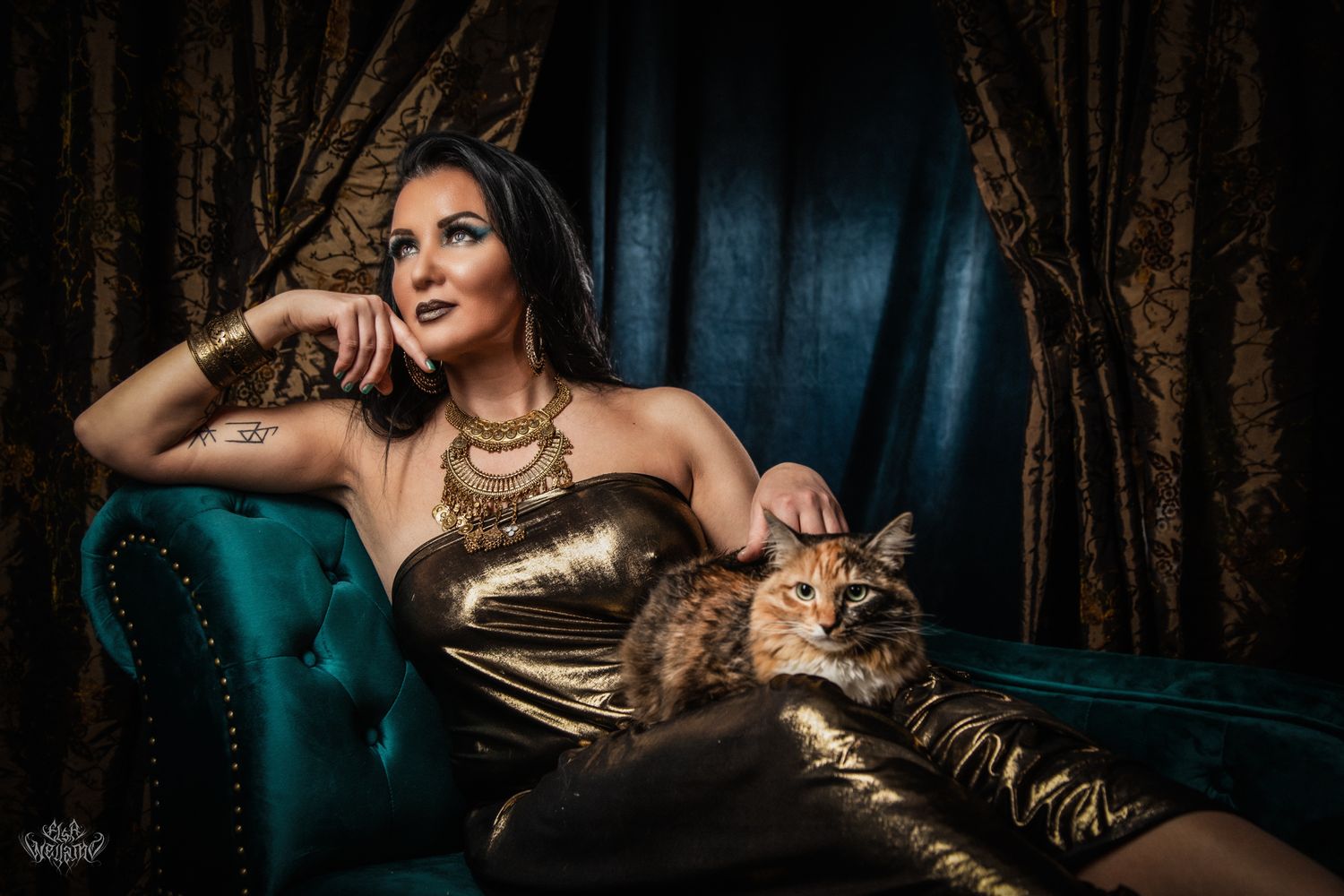 Glamorous photoshoot with orange cat on teal velvet chaise against dark curtains.
