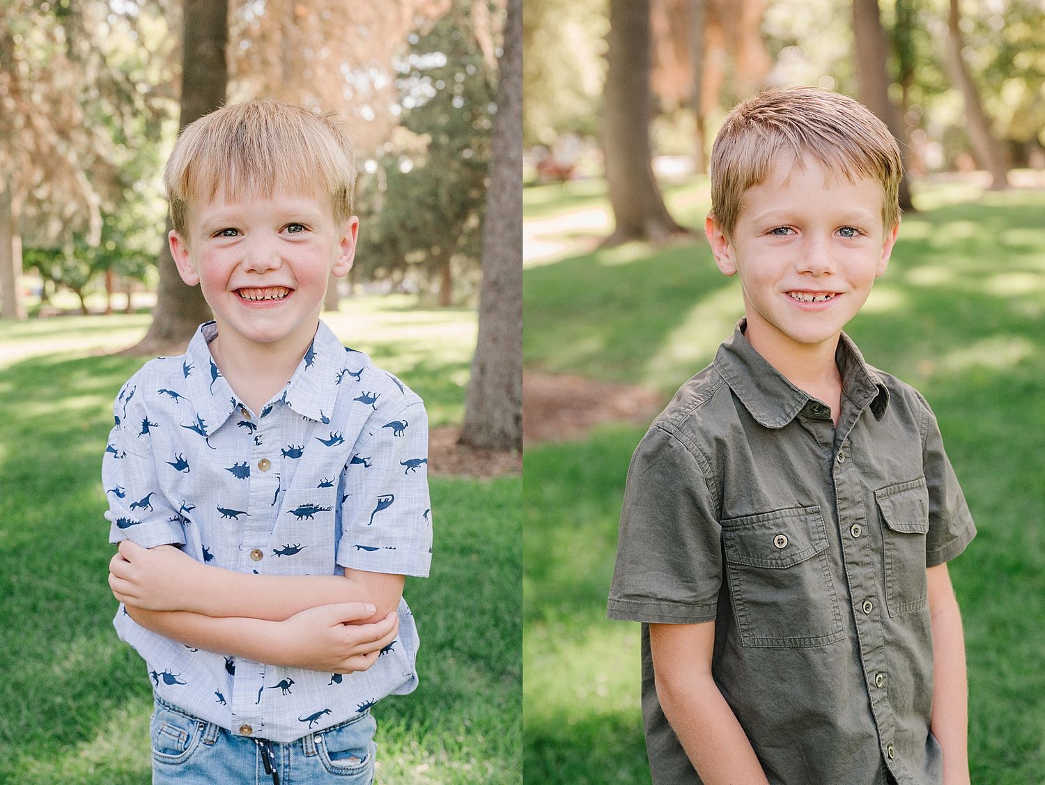 Two side by side portrait photos of young kids outdoors wearing casual shirts against green natural backgrounds.