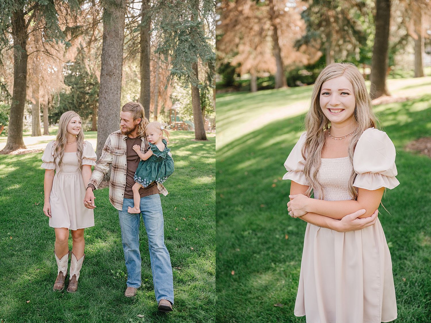 Two casual outdoor spring portraits in soft pink and denim against a lush green wooded park background.