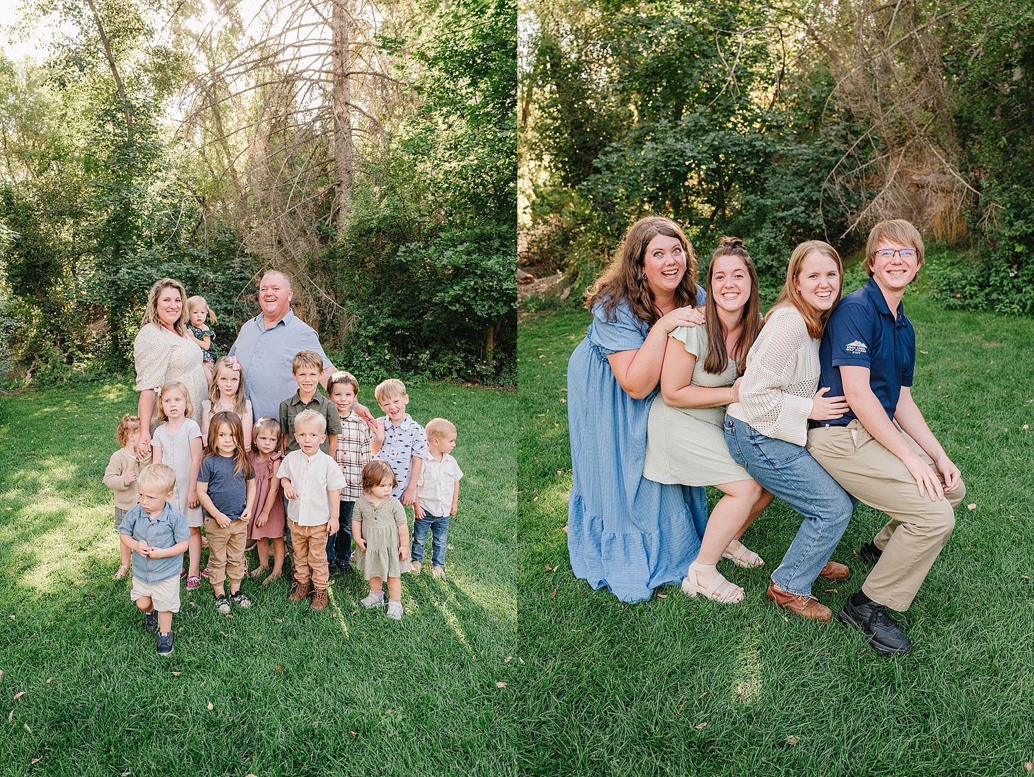 Two outdoor family portraits side by side showing groups dressed in coordinating blue and neutral tones amid lush greenery.