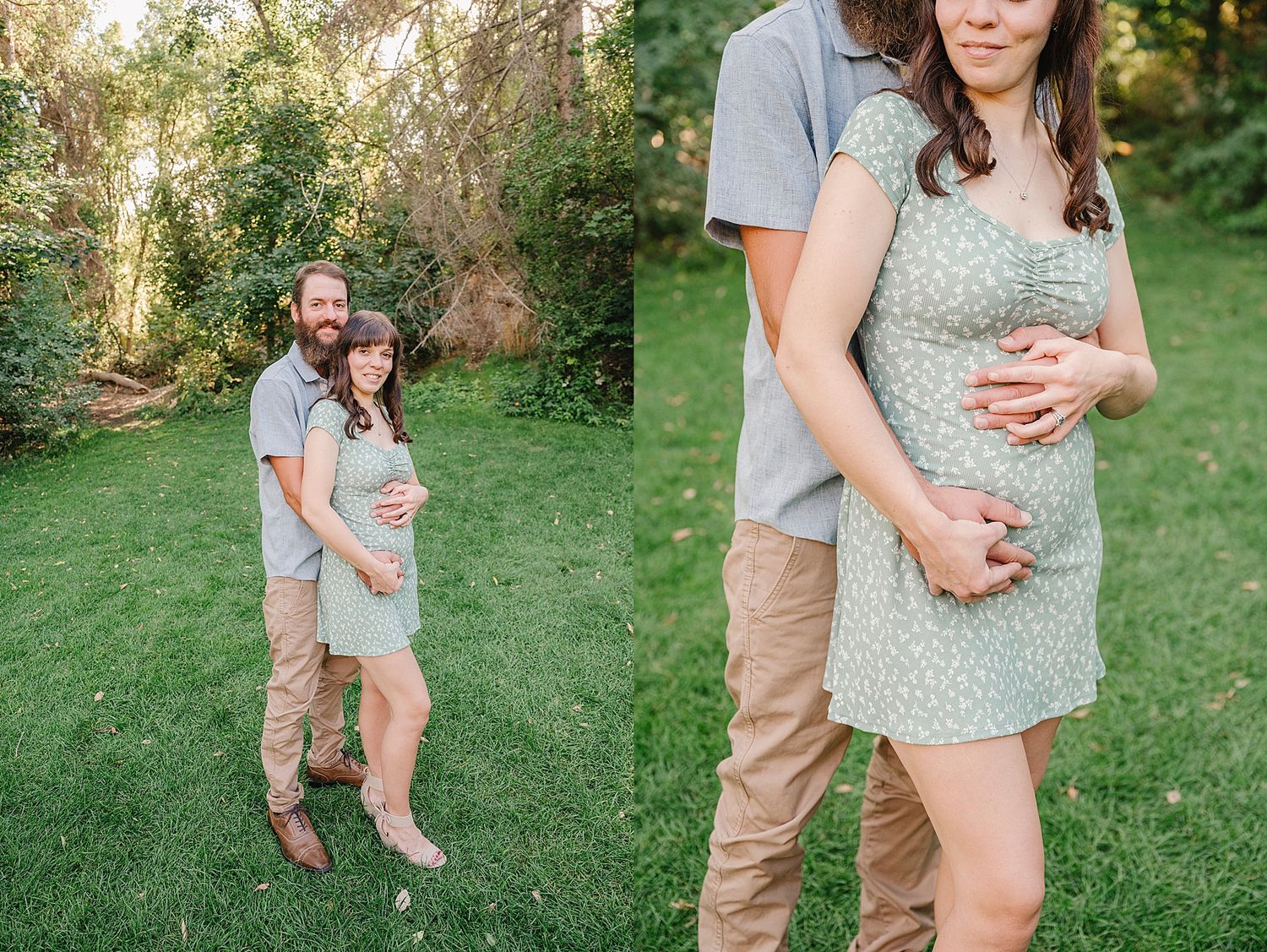 Two side-by-side maternity photos in an outdoor garden setting, featuring a grey dress and casual summer attire.