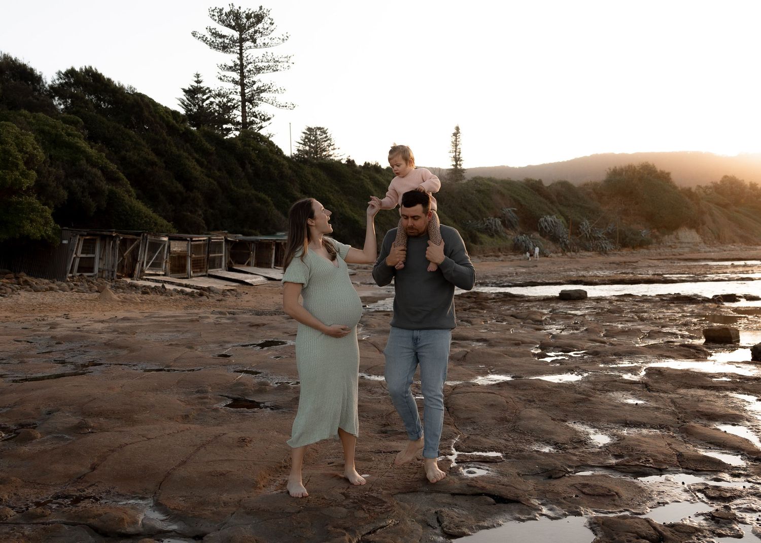 Maternity family photoshoot at Sandon Point with toddler during sunset – Natural Wollongong pregnancy photography by Lovers and Bubs.