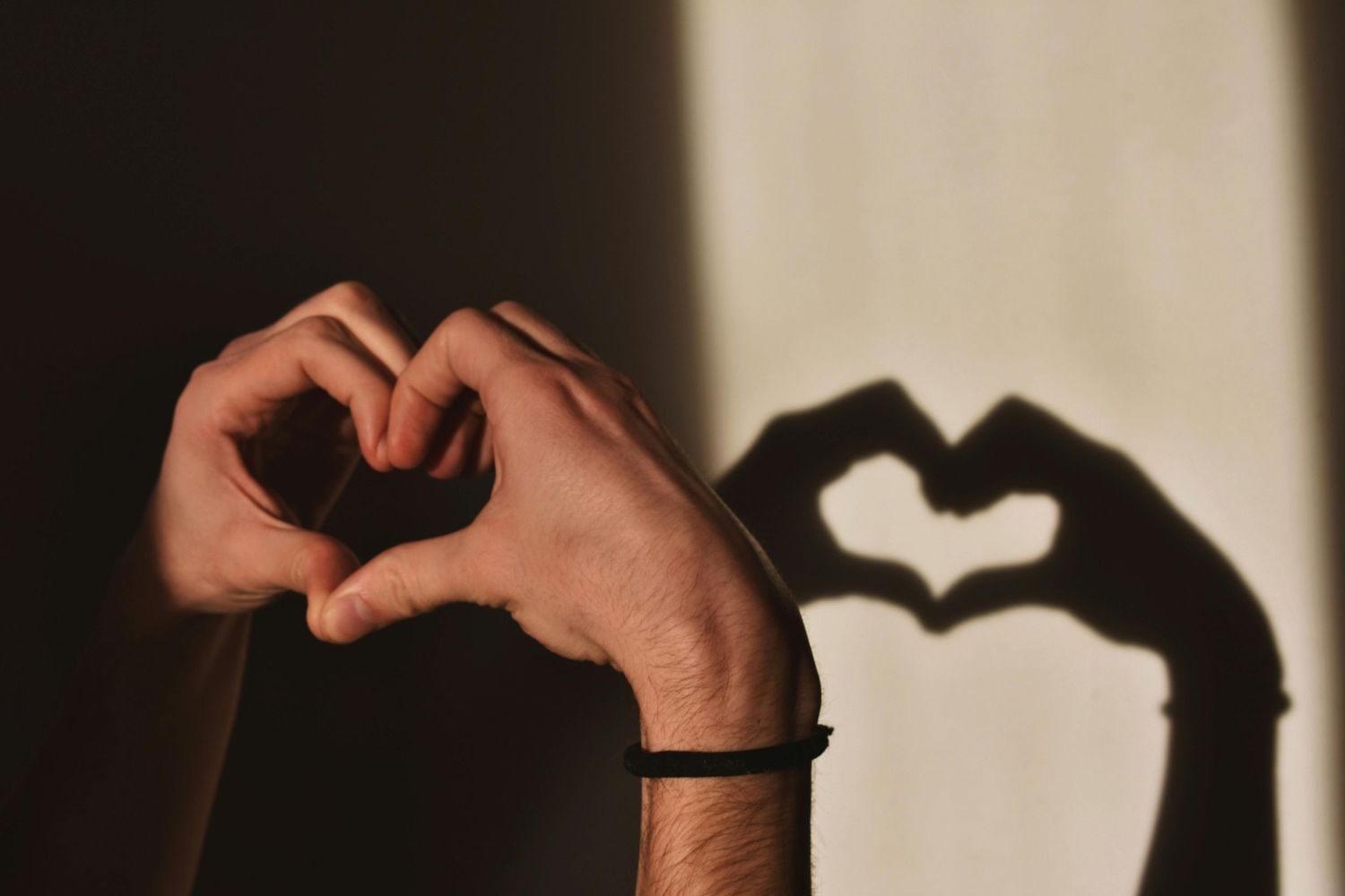 Hands forming a heart shape casting a shadow on a wall in warm lighting.