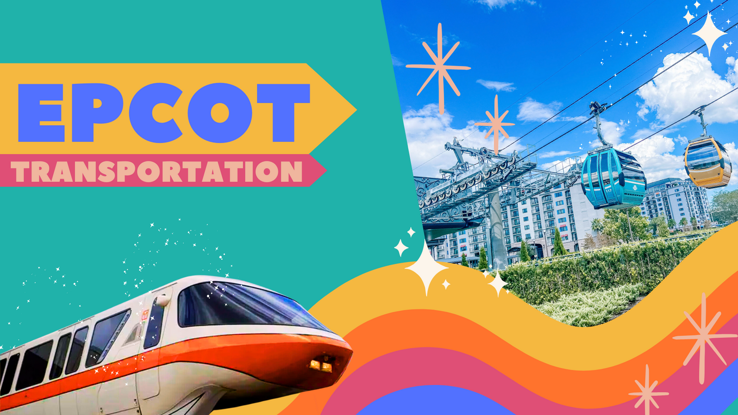 A bright retro-style illustration showing Epcot's monorail and Skyliner gondola system against a teal and rainbow backdrop.