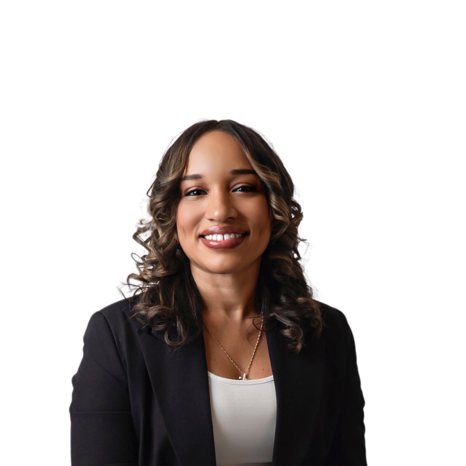 Professional portrait showing a bright smile, curled dark hair, wearing a black blazer over white top with necklace.