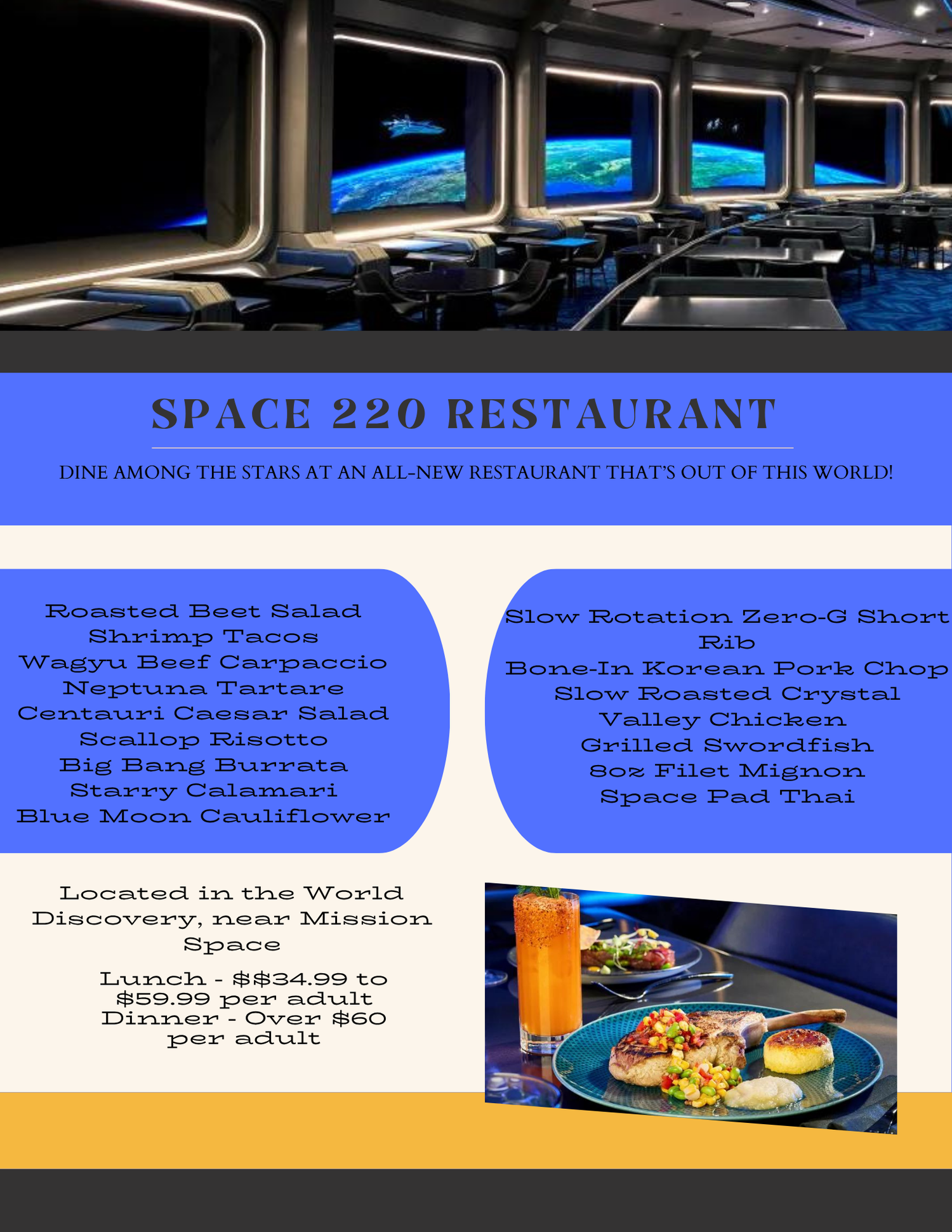 Space restaurant menu displaying themed dishes with windows showing views of Earth from orbit and a colorful dinner plate.