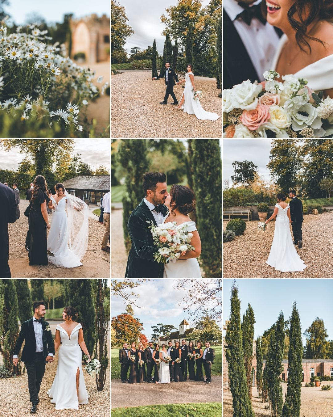 Elegant wedding couple walking through lush garden setting in formal attire.
