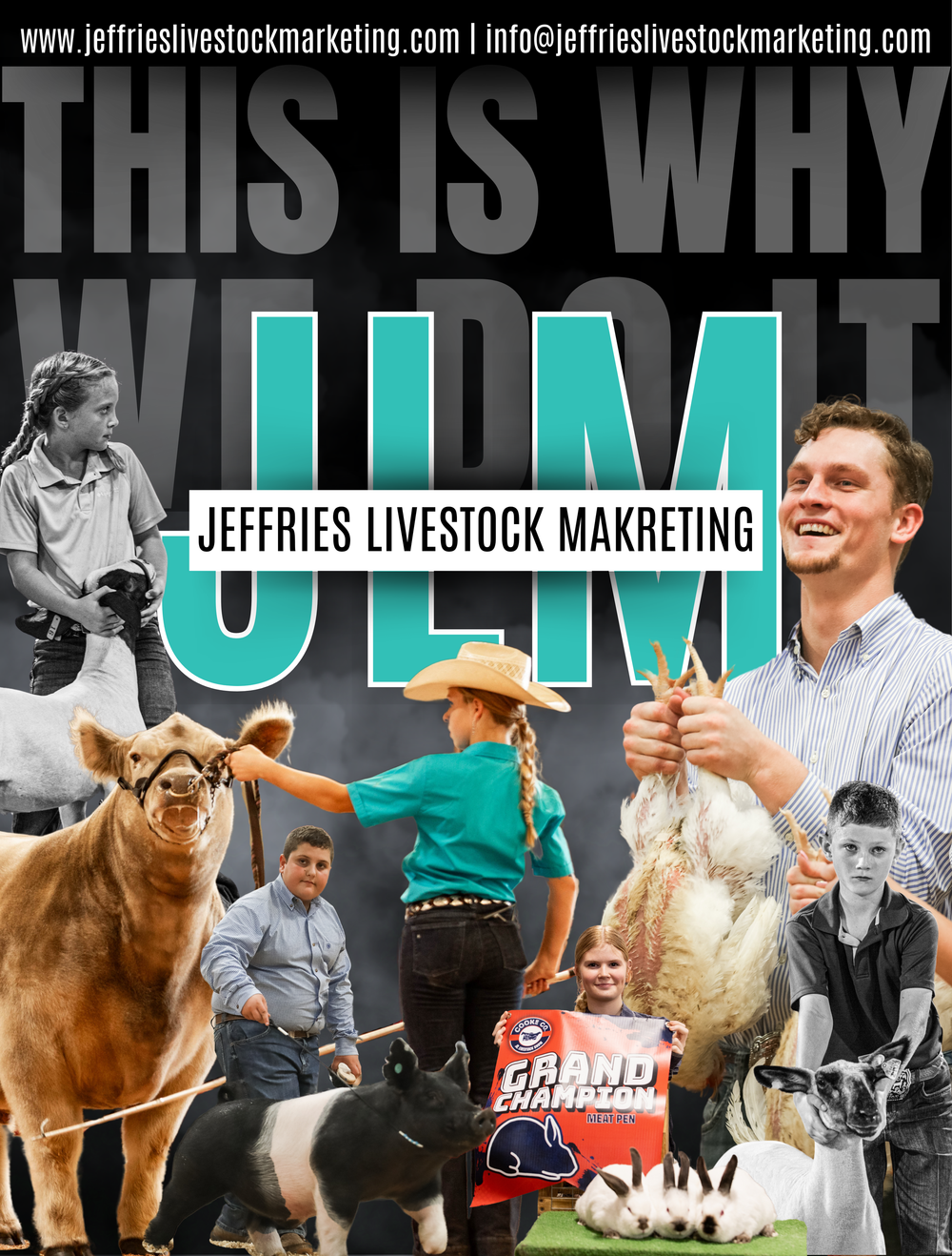 Collage of livestock show moments featuring young exhibitors and their animals.