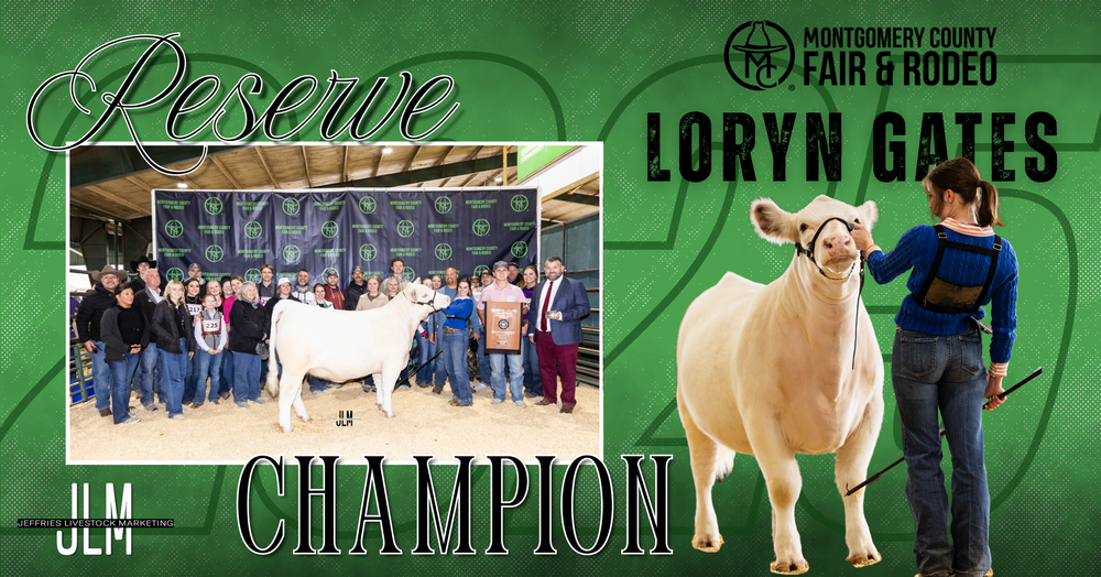 Promotional banner for livestock marketing with text overlays on green background.