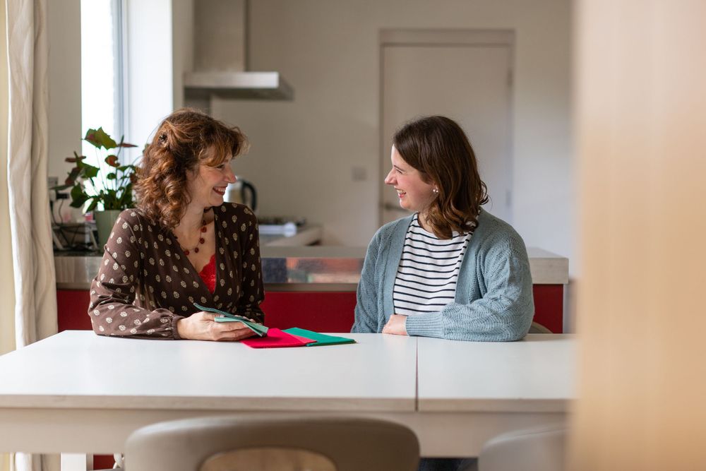 Professional consultation meeting between two people at white desk in bright office space.