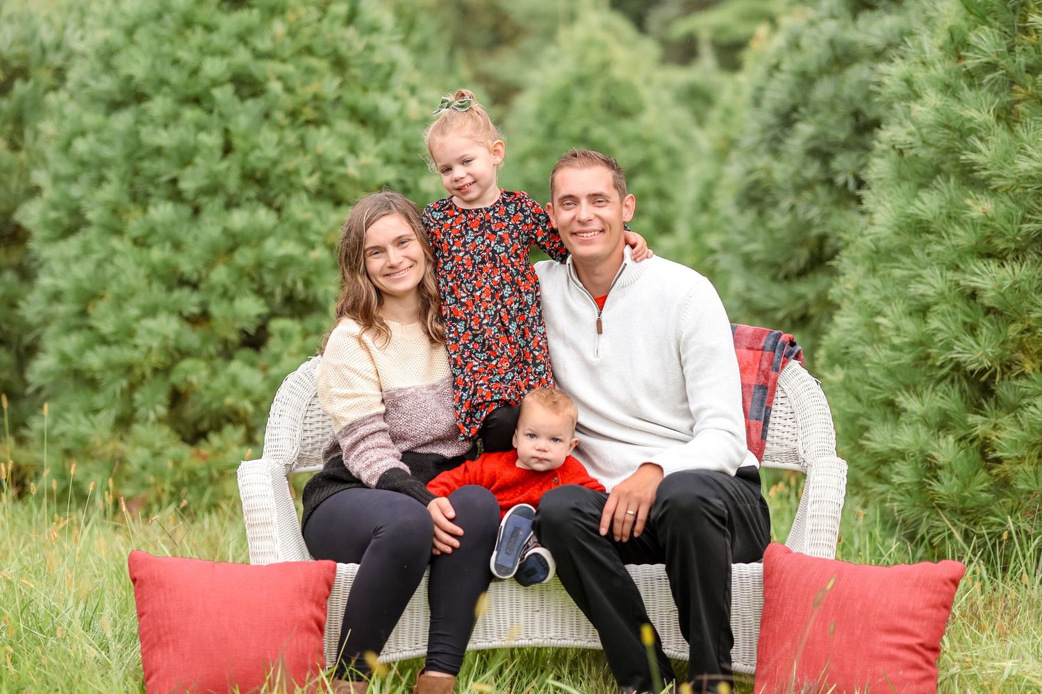 Family of four snuggle together on a white bench at a tree farm in Springfield, Il
