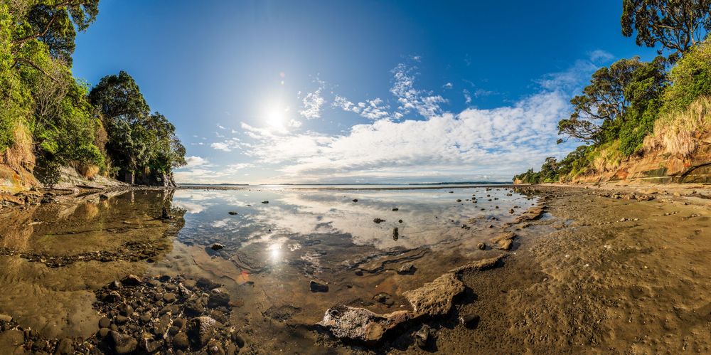 Panoramic view of a rocky beach cove with reflective tide pools and lush coastal vegetation under bright sunlight.