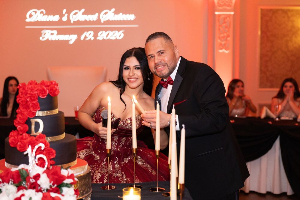 A young woman and man pose together at a Sweet 16 birthday celebration with a decorated cake and candles on February 19, 2025.