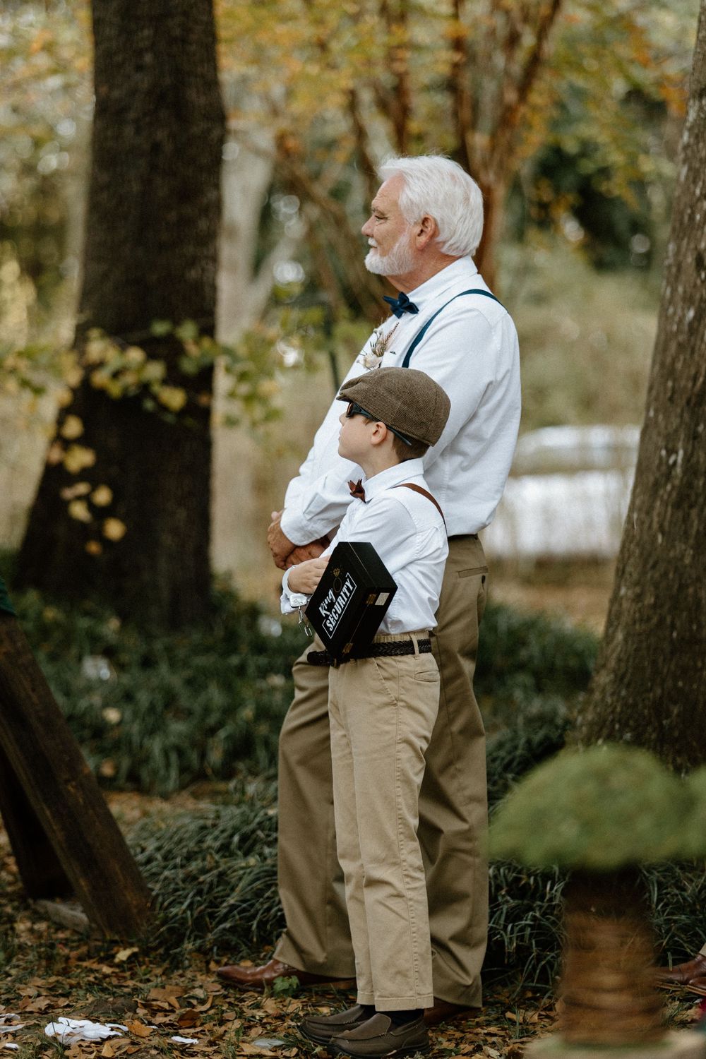 A series of candid outdoor photos showing a person in khaki shorts and white shirt standing among autumn trees.