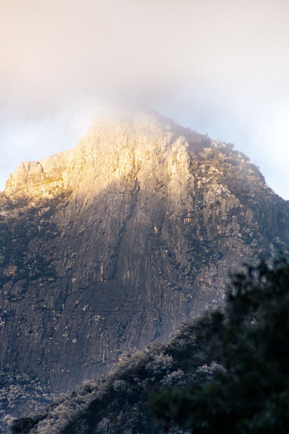 Rocky mountain peak illuminated by golden sunlight with clouds and mist surrounding the summit.