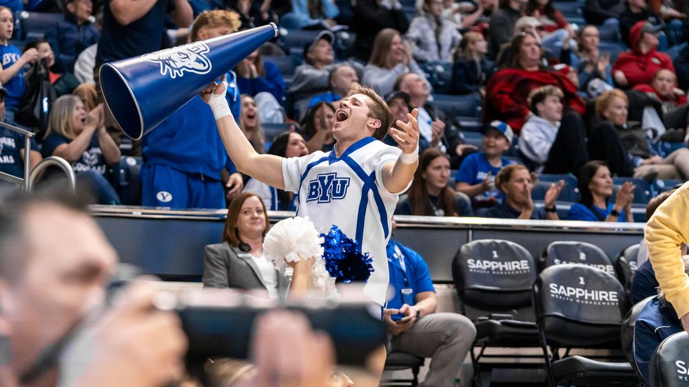 BYU Male cheerleader hyping up the crowd