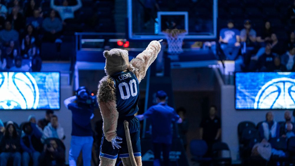 Cosmo Cougar pointing to the fans facing away from the camera