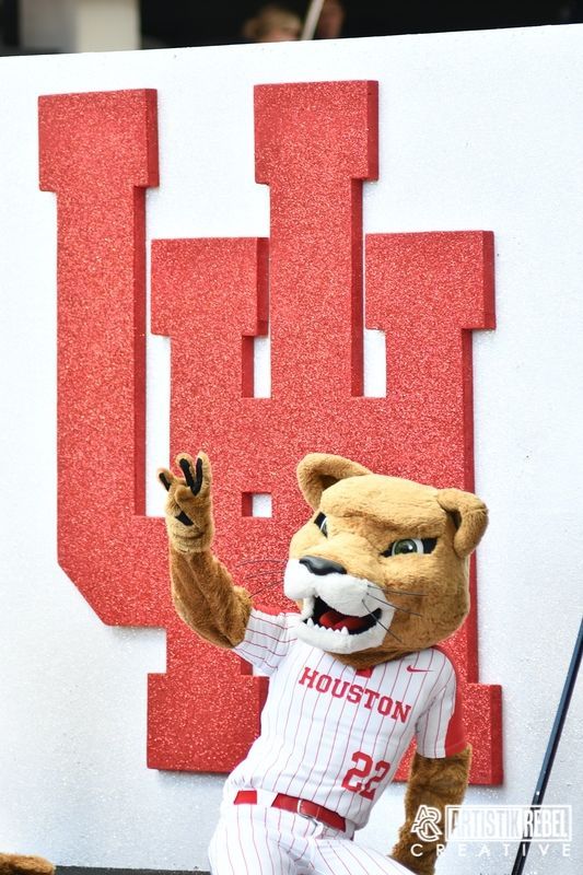University of Houston mascot Shasta the Cougar posing in front of red UH logo.