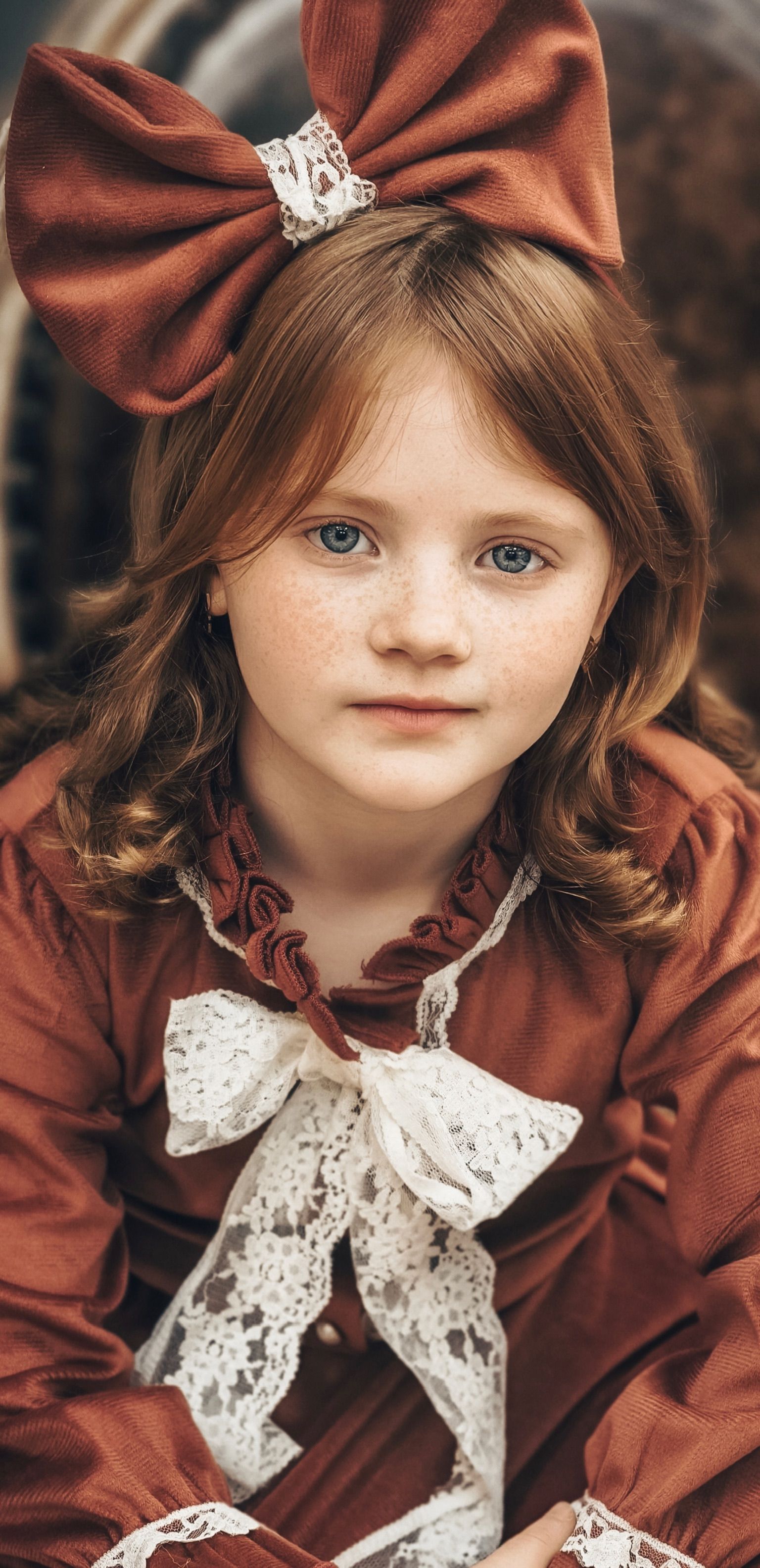 Young girl with blue eyes and freckles wearing a rust-colored dress with lace bow and matching hair bow.