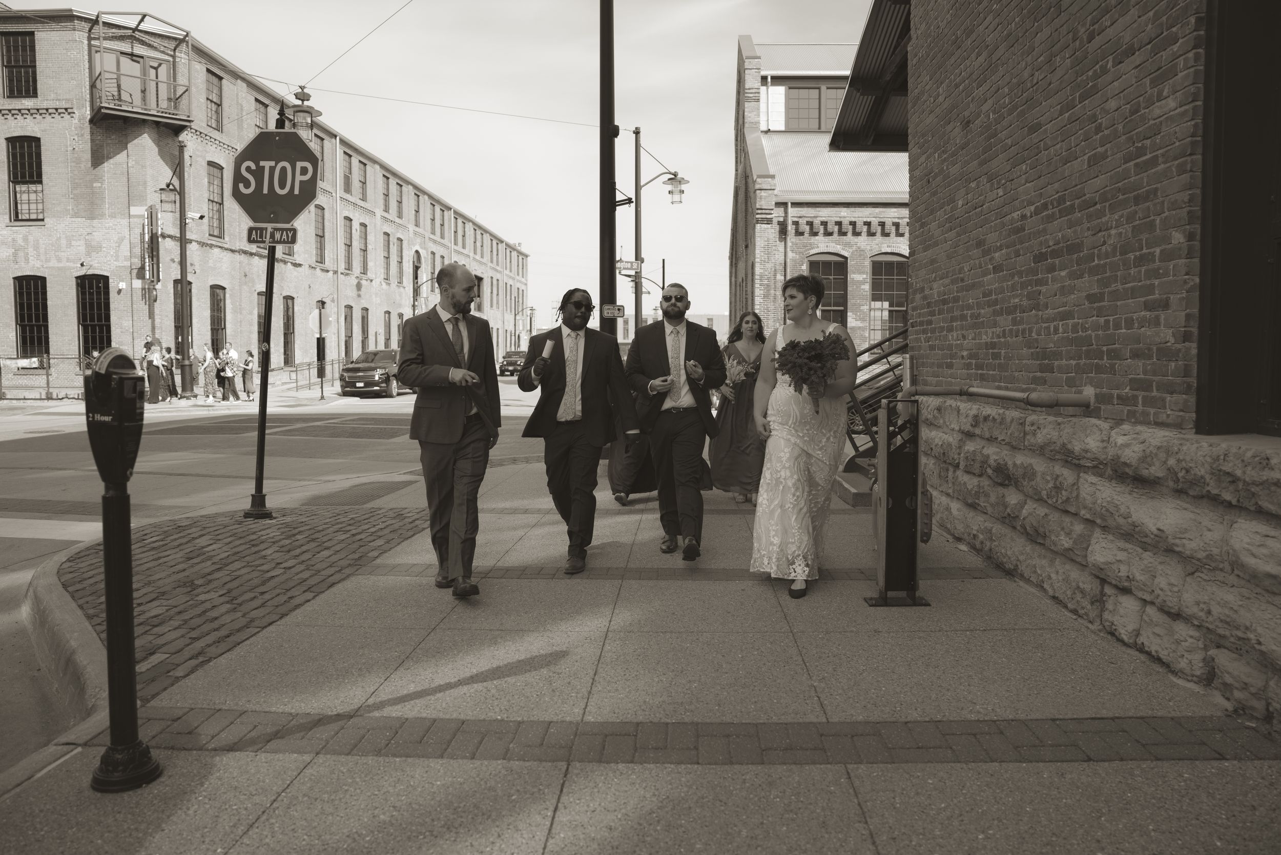 Black and white street photography of a historic urban neighborhood.