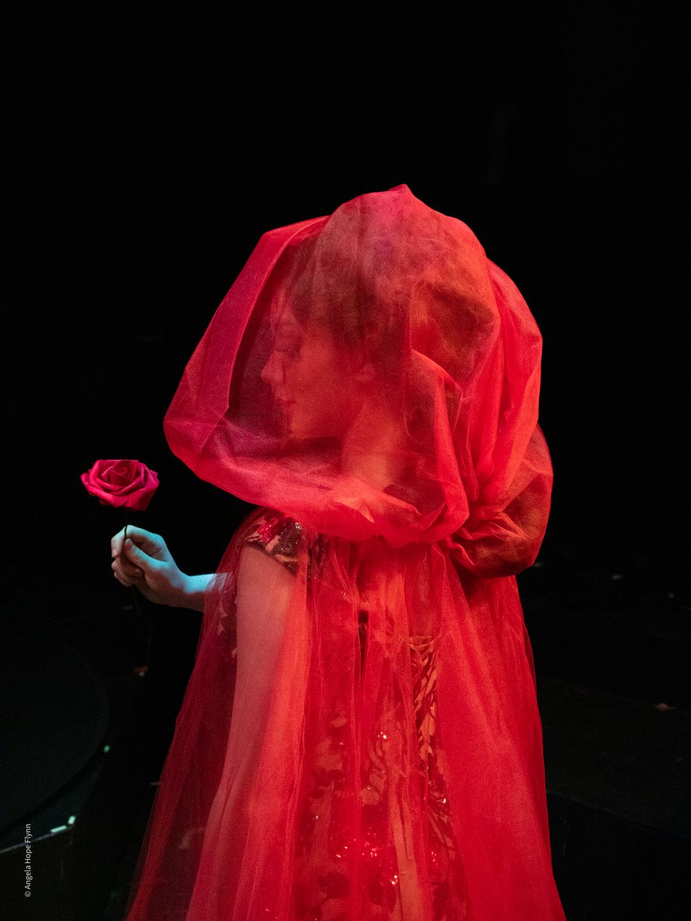 A figure draped in translucent red fabric poses dramatically against a dark background.