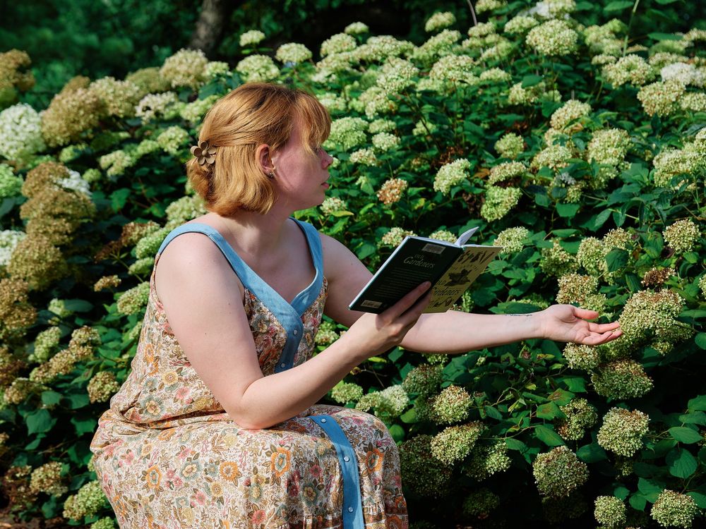 A person in a floral dress interacts with birds in a garden setting with white hydrangea blooms in the background.