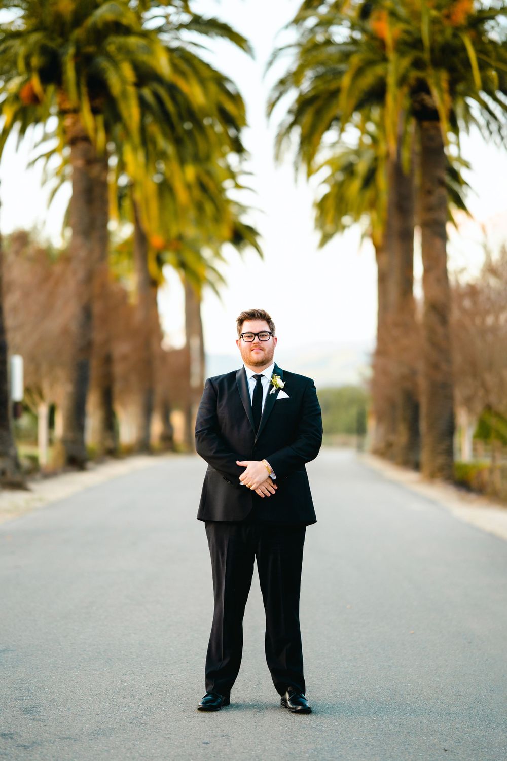 A formal portrait of a groom standing on a palm tree-lined road in a classic black suit.