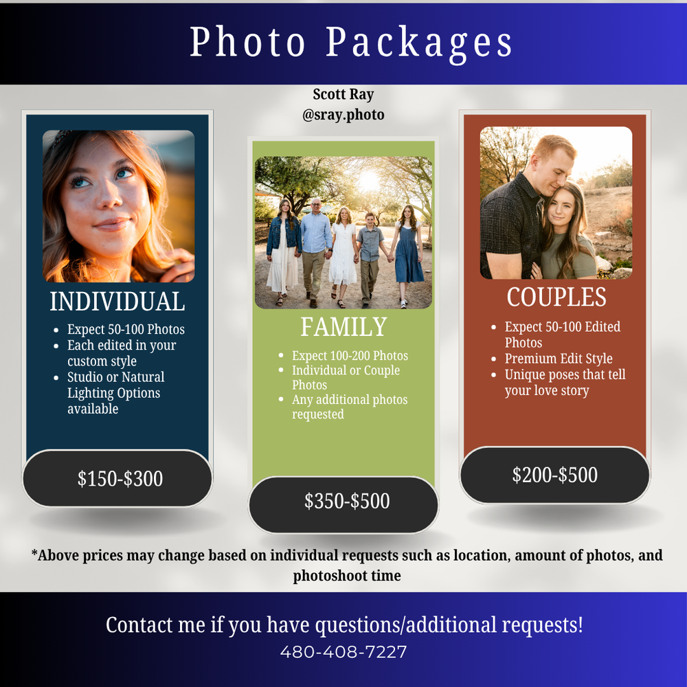 Photo Package Pricing for family, individual, and couple photos.