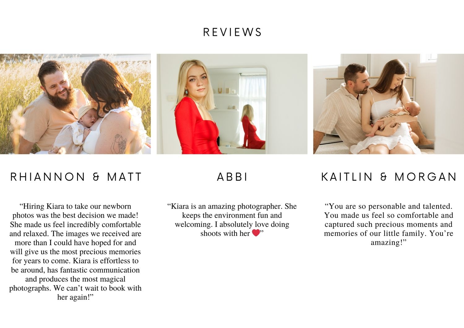 Three minimalist and elegant review cards showing couple testimonials with romantic outdoor and indoor photography.