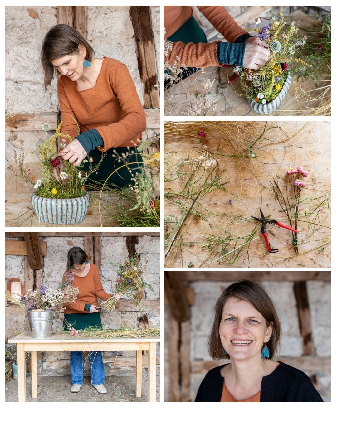 Collage einer Businessreportage mit Portrait, Detailfotos und Bildern die eine Frau beim Arrangieren von Trockenblumen zeigt.
