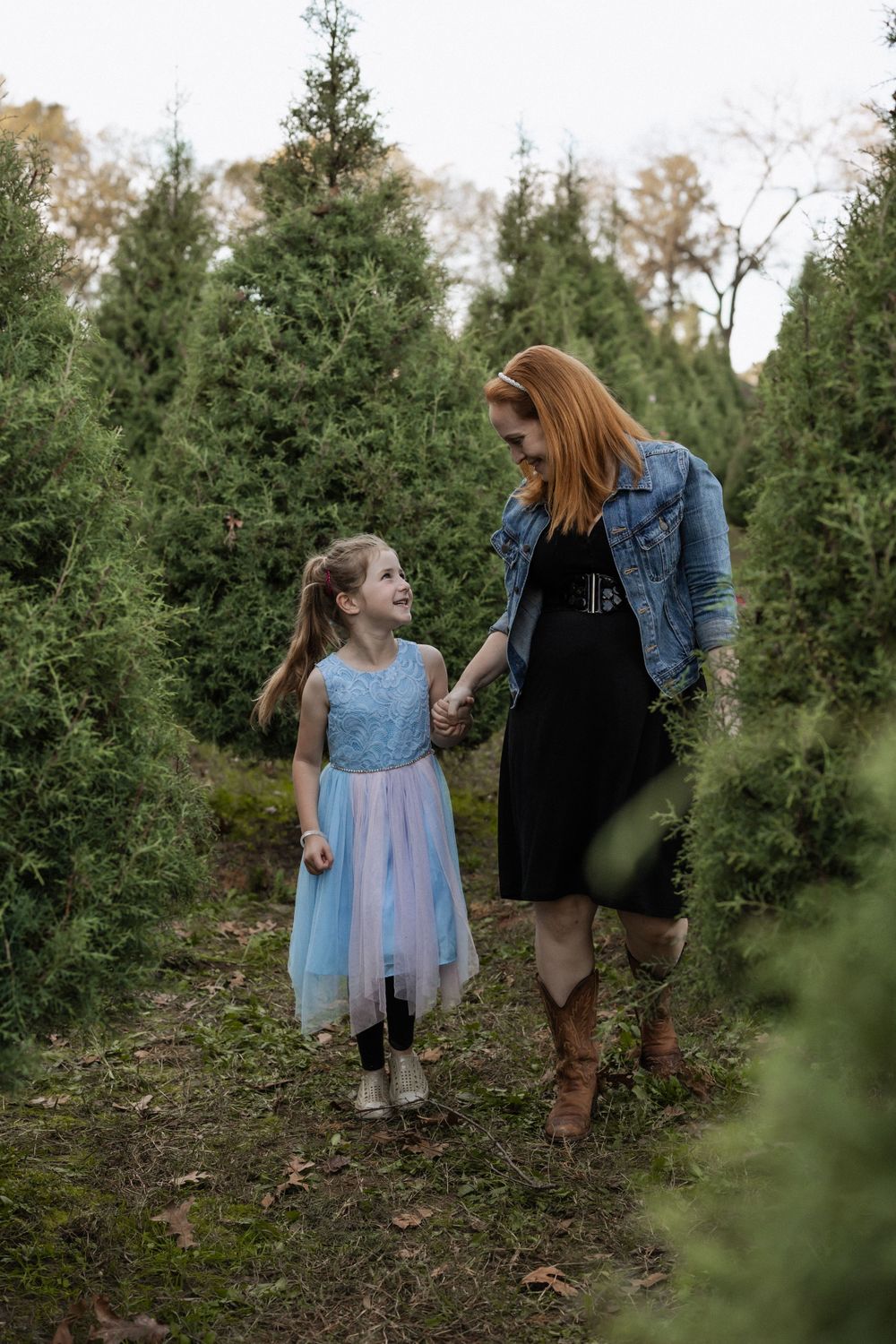 Two people share a heartwarming moment while walking together among evergreen trees at a Christmas tree farm.