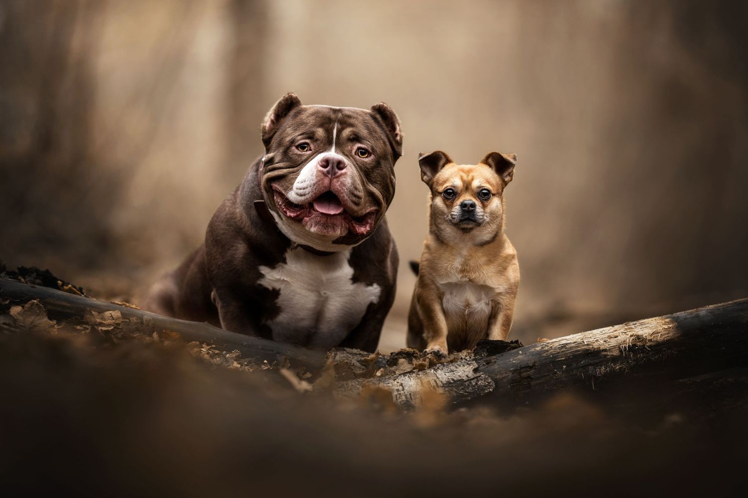 Brown pit bull and small tan chihuahua sitting together on dark wooden surface.
