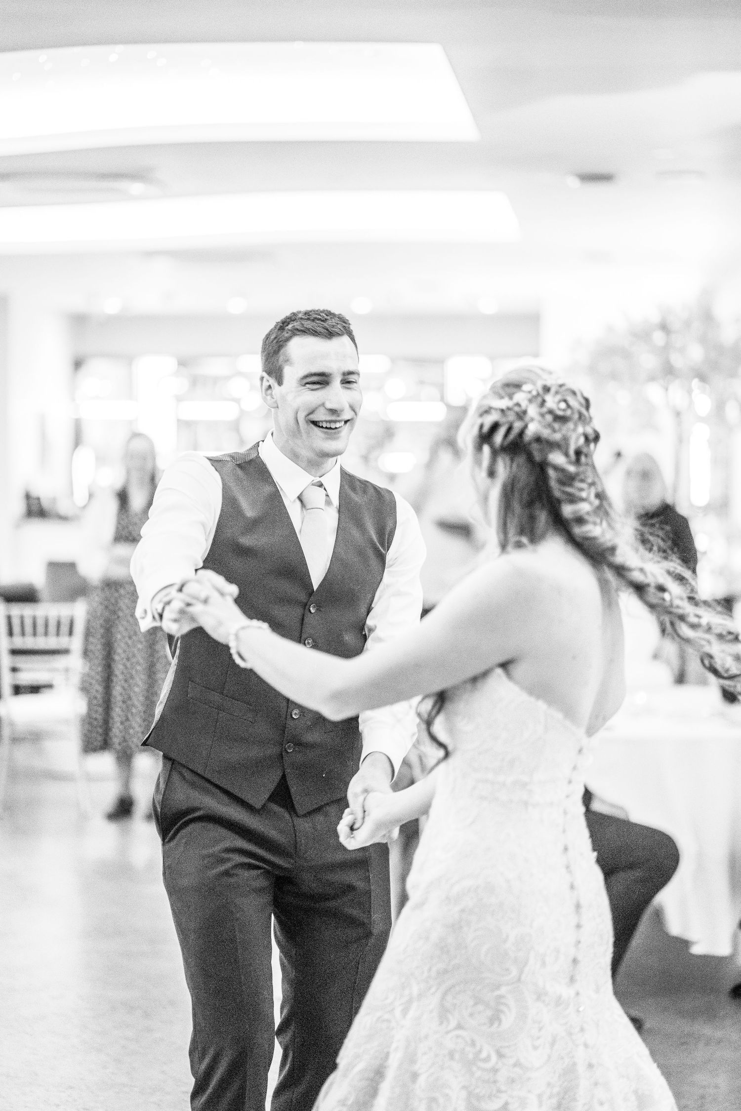 wedding photo of bride and groom first dance at prestwold hall wedding venue